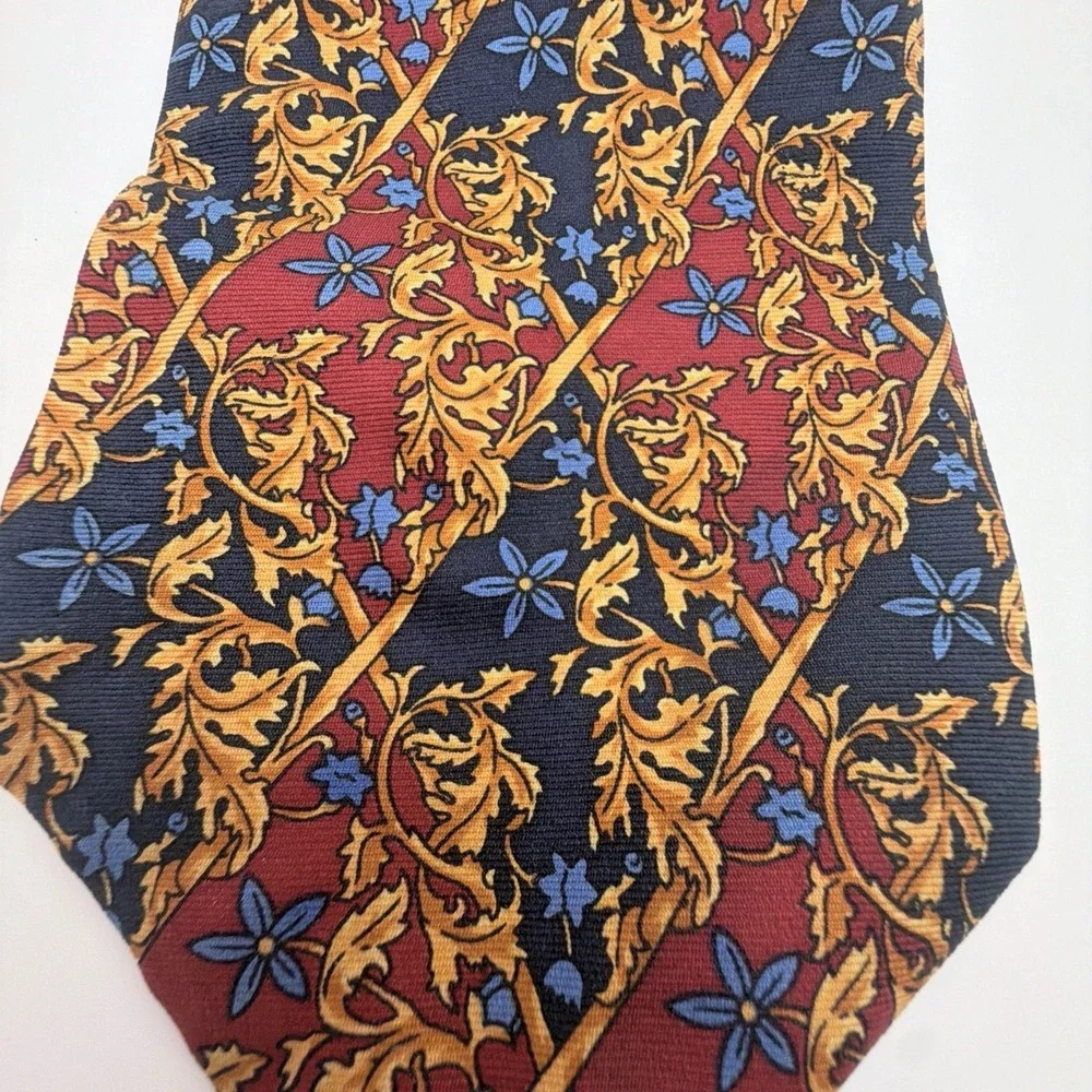 Pierre Balmain Paris Silk Tie Ornate Floral Pattern Gold Navy Burgundy